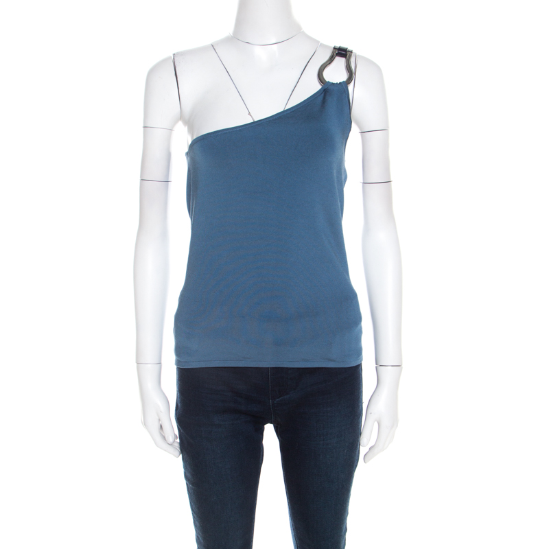 Pre Owned Ralph Lauren Blue Stretch Jersey One Shoulder Leather Strap Detail Top M