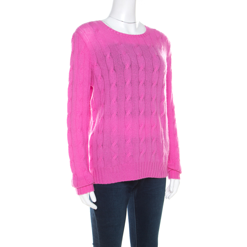 

Ralph Lauren Pink Cable Knit Cashmere Crew Neck Pullover