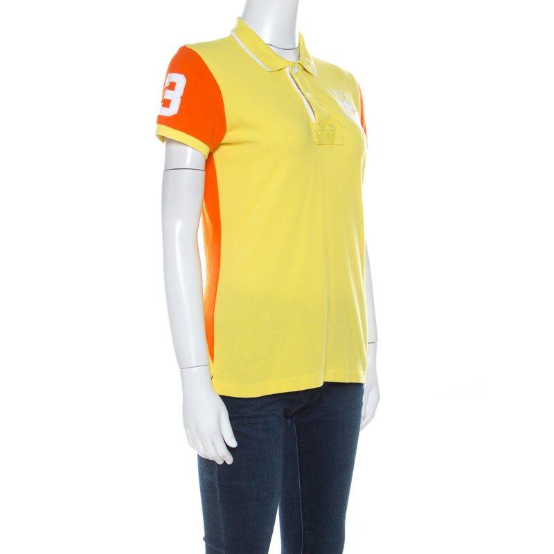 

Ralph Lauren Yellow and Orange Honeycomb Knit Skinny Fit Polo T Shirt