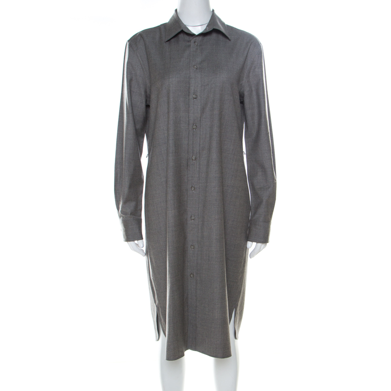 Pre Owned Ralph Lauren Grey Wool Long Sleeve Shirt Dress M
