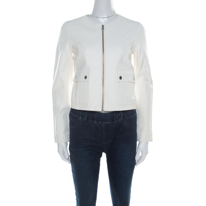 Pre Owned Ralph Lauren White Leather Ruched Waist Cropped Jacket S