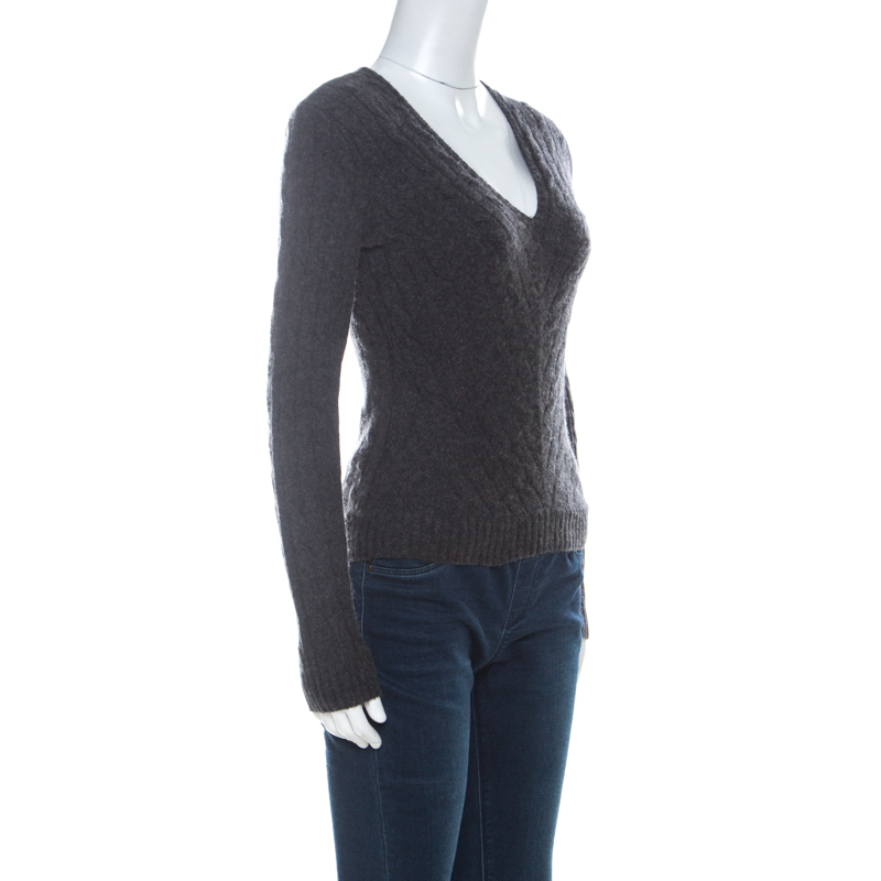 

Ralph Lauren Grey Cashmere Cabled V-Neck Sweater