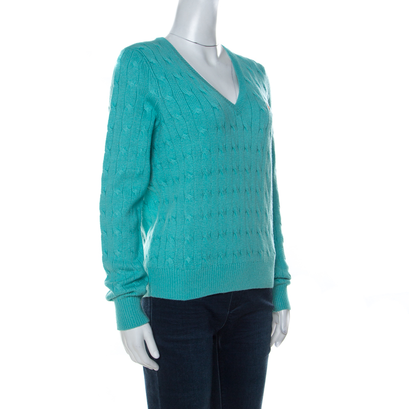 Preowned Ralph Lauren Turquoise Blue Cable Knit Sweater L ModeSens