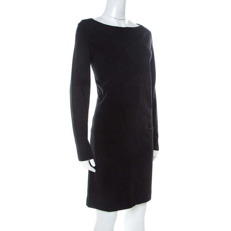 

Ralph Lauren Black Stretch Knit Leather Trim Detail Shift Dress