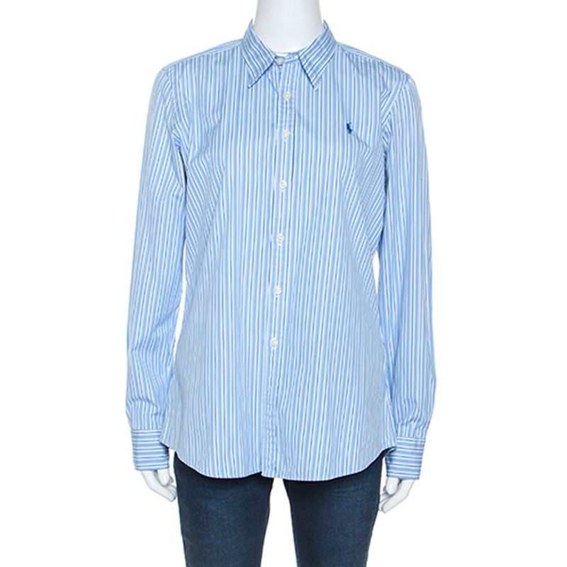 Pre Owned Ralph Lauren Blue & White Striped Cotton Long Sleeve Shirt L