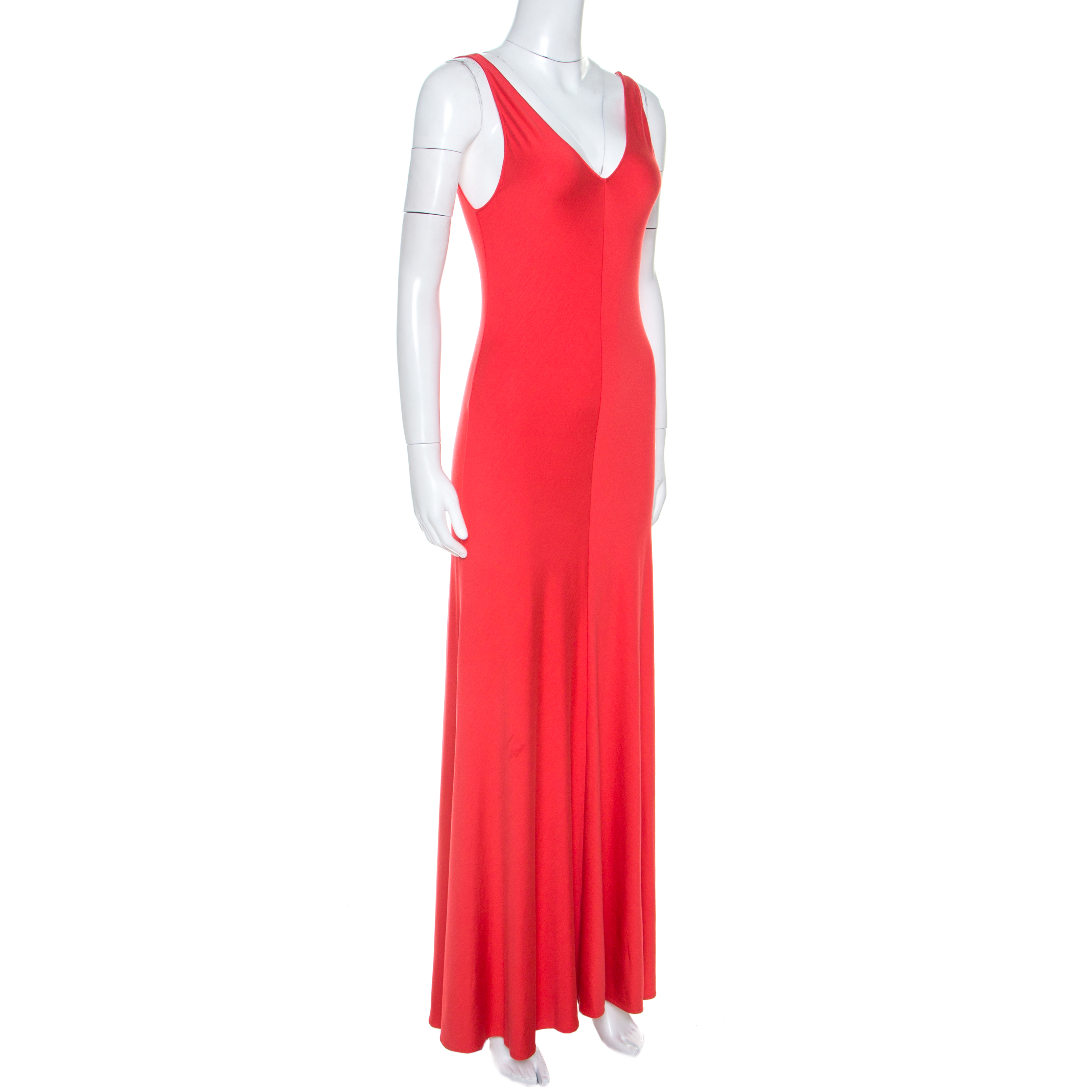 Pre-owned Ralph Lauren Coral Pink Jersey Sleeveless Jenny Maxi Dress M