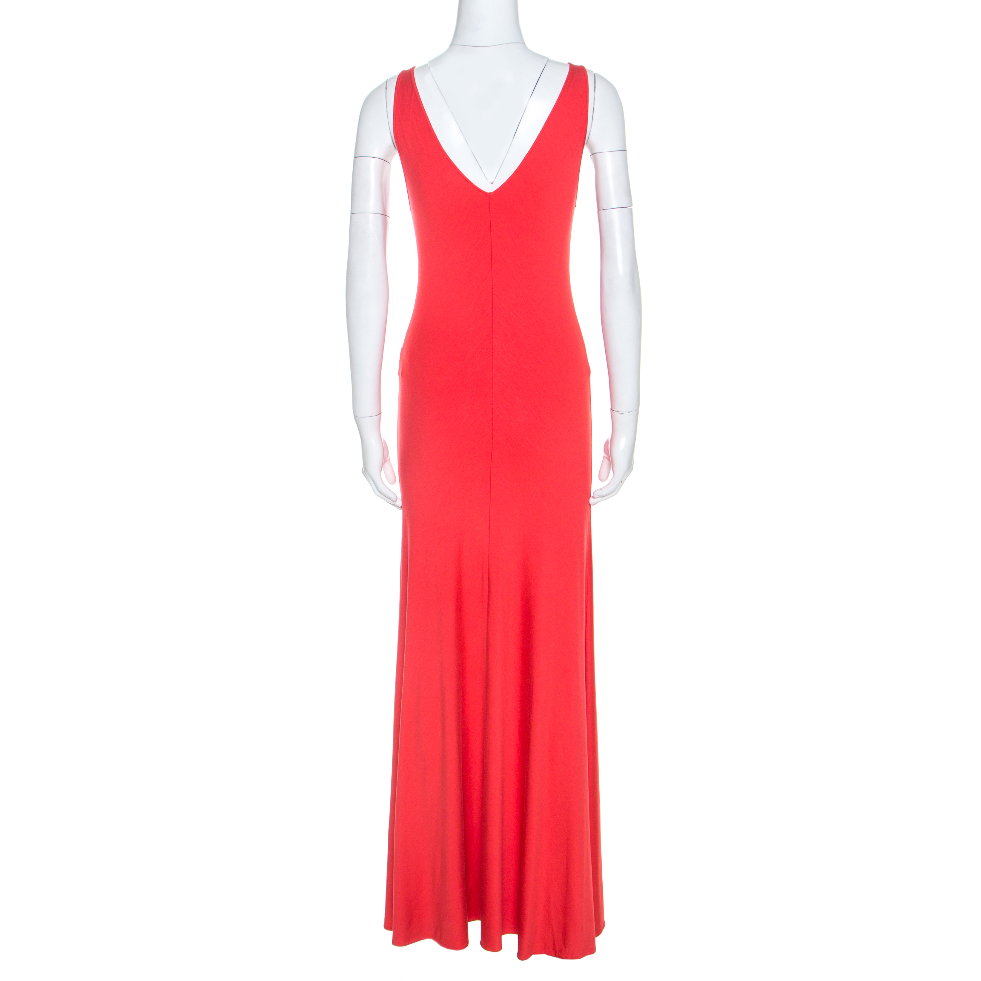 Pre-owned Ralph Lauren Coral Pink Jersey Sleeveless Jenny Maxi Dress M