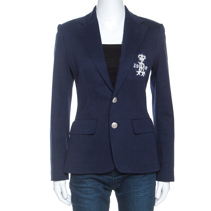 Pre Owned Ralph Lauren Navy Blue Knit Crest Detail Jacket M