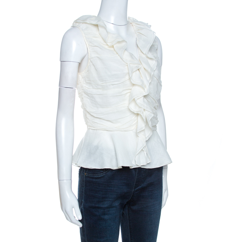 

Ralph Lauren Cream Ramie Ruffle Front Peplum Top