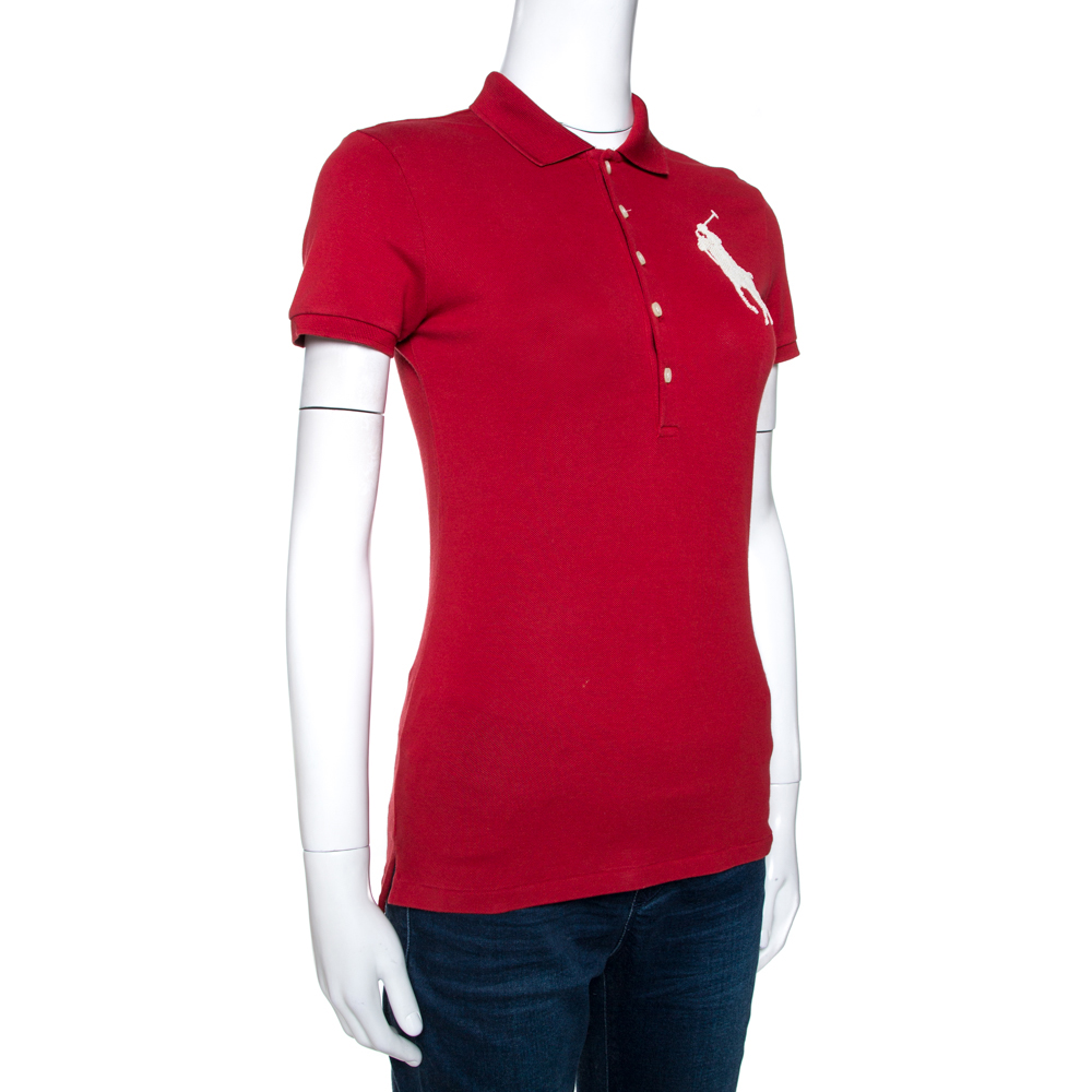 

Ralph Lauren Brick Red Cotton Pique Bead Embroidered Logo Polo T-Shirt