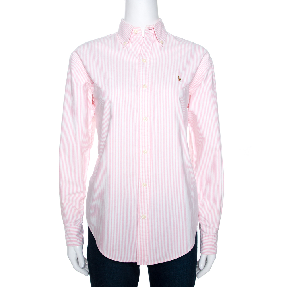 Pre-owned Ralph Lauren Bicolor Harper Stripe Cotton Fitted Shirt M In Pink