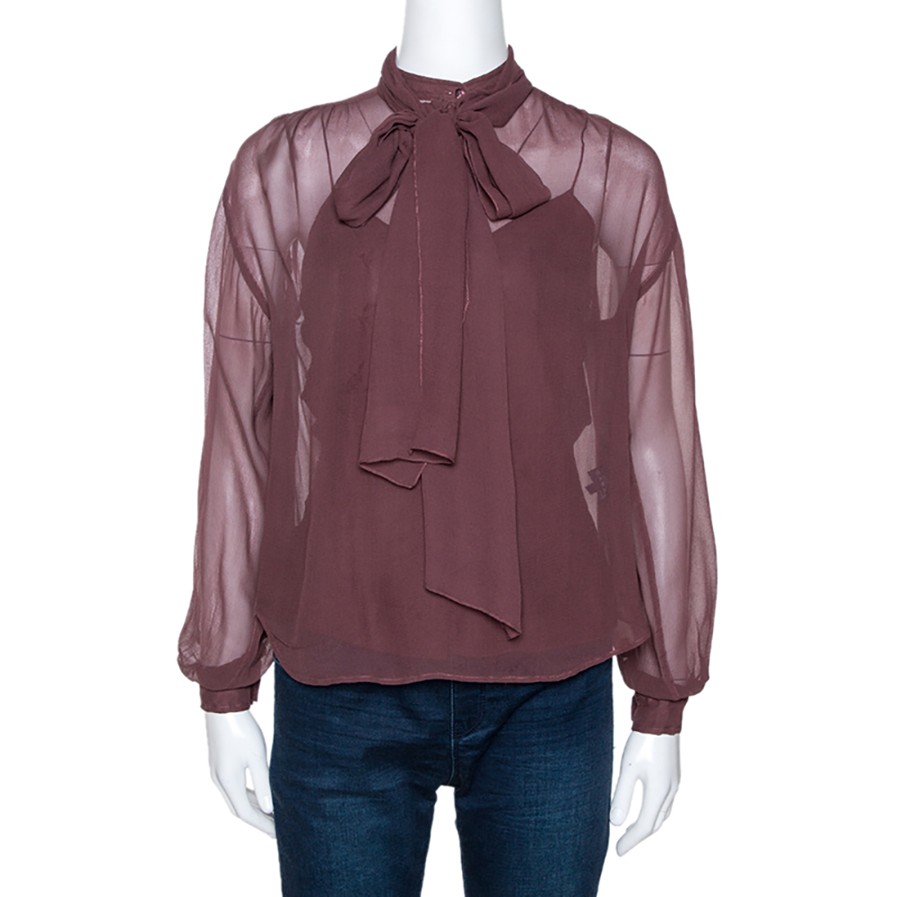 Pre Owned Ralph Lauren Plum Brown Silk Chiffon Tie Detail Blouse S