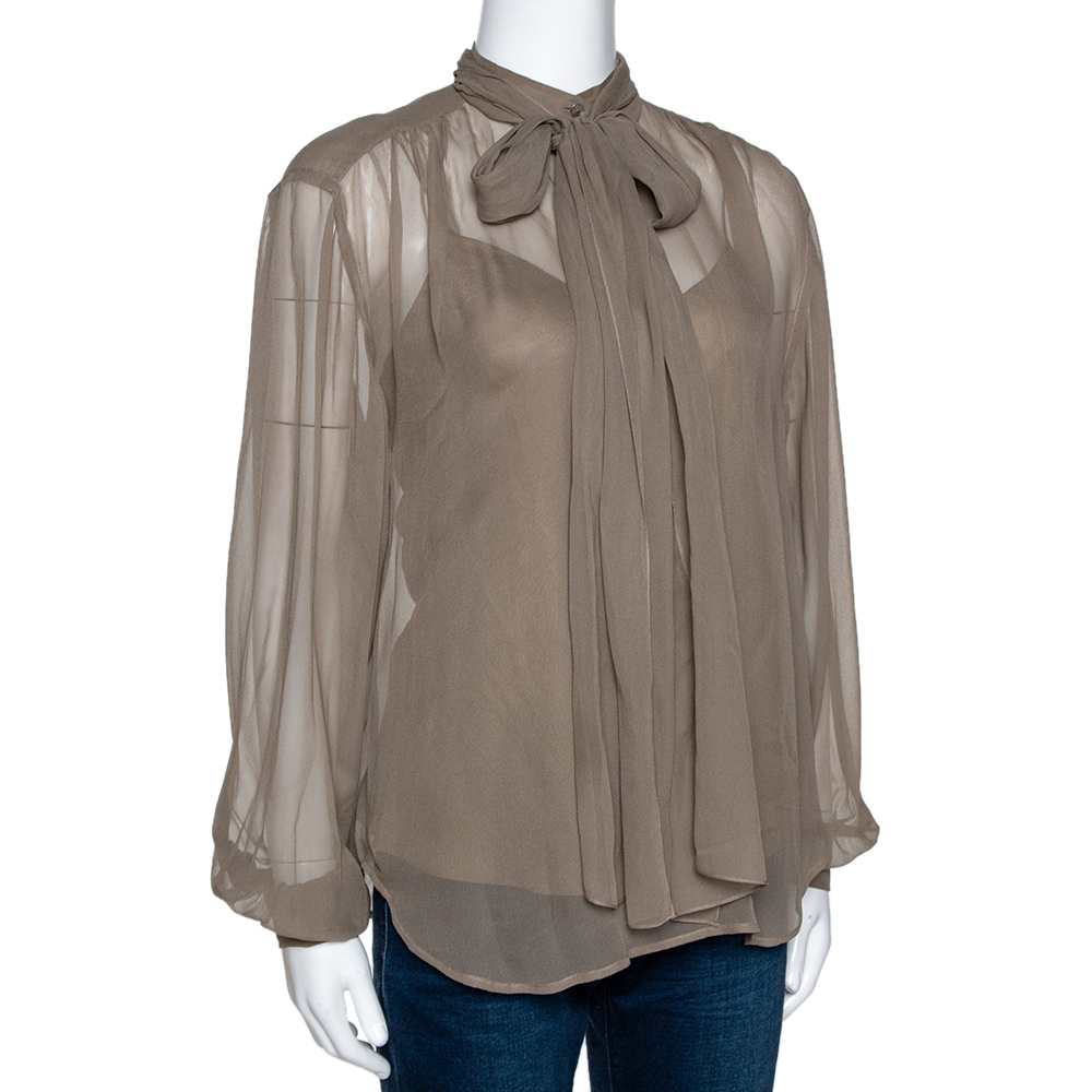 

Ralph Lauren Khaki Silk Bow Tie Front Sheer Blouse, Beige