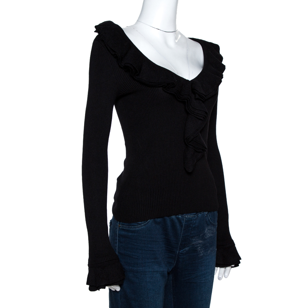 

Ralph Lauren Black Ruffled Silk Knit Fitted Top