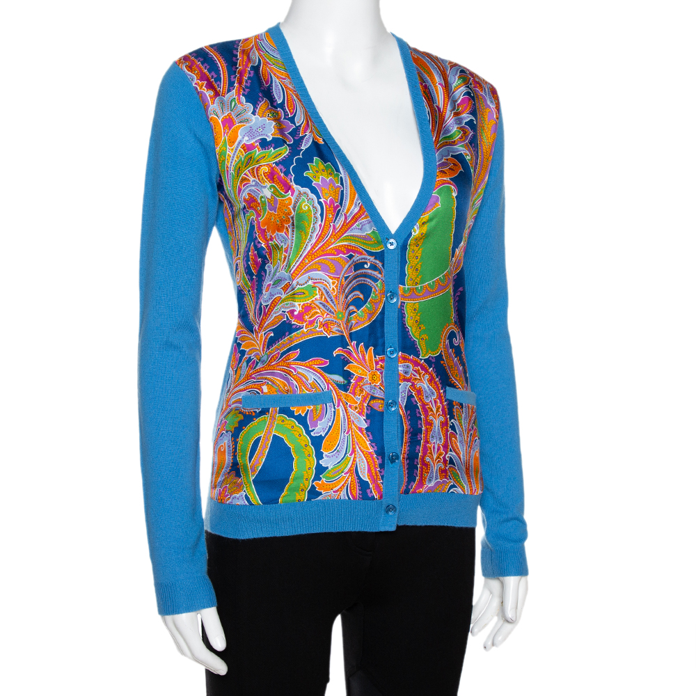 

Ralph Lauren Blue Cashmere Paisley Print Silk Overlay Cardigan