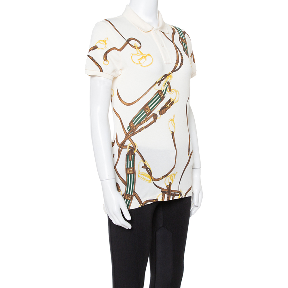 

Ralph Lauren Cream Equestrian Bridle Print Cotton Polo T-Shirt