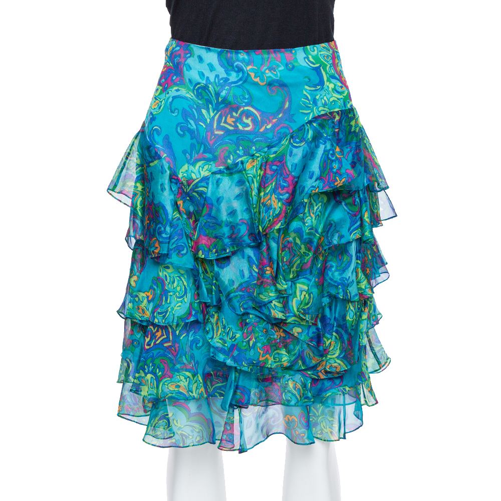 Pre-owned Ralph Lauren Blue Printed Silk Ruffle Detail Mini Skirt S
