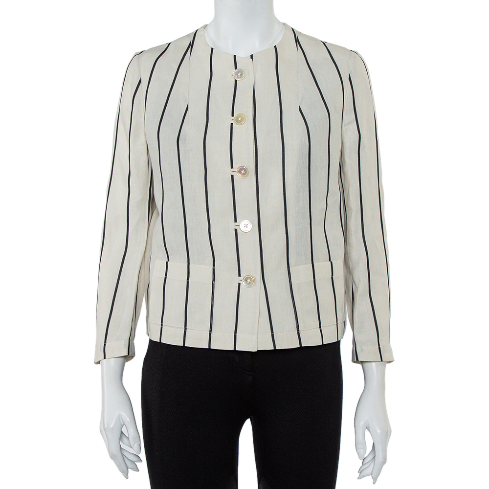 Pre-owned Ralph Lauren Cream Striped Linen Button Front Jacket S