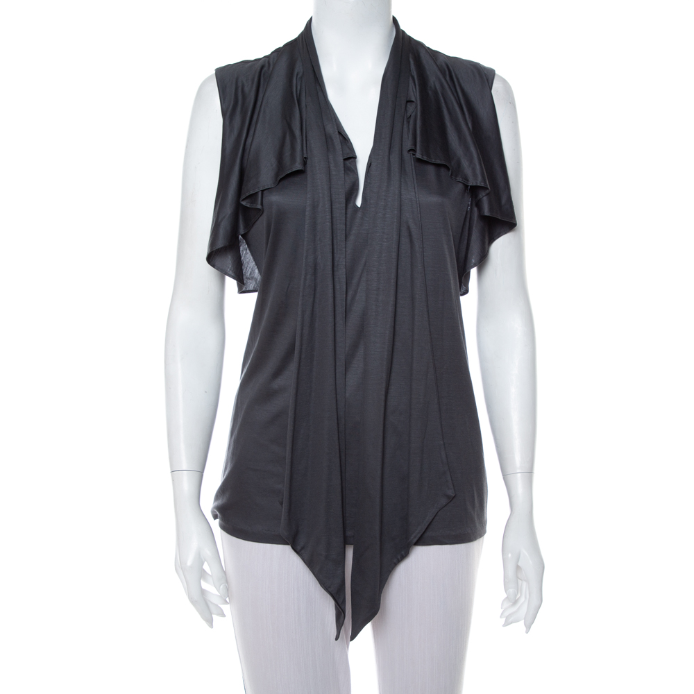 

Ralph Lauren Dark Grey Lyocell Ruffled Neck Tie Detail Sleeveless Top