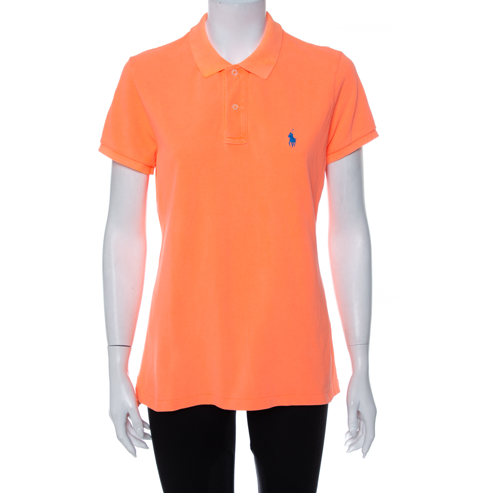 Pre-owned Ralph Lauren Neon Orange Cotton Pique Skinny Polo T-shirt L