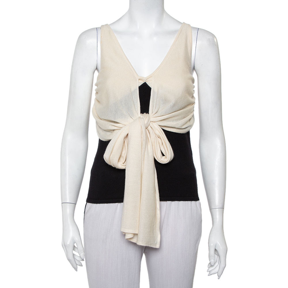 Pre-owned Ralph Lauren Monochrome Cashmere & Silk Front Tie Detail Sleeveless Top M In Cream