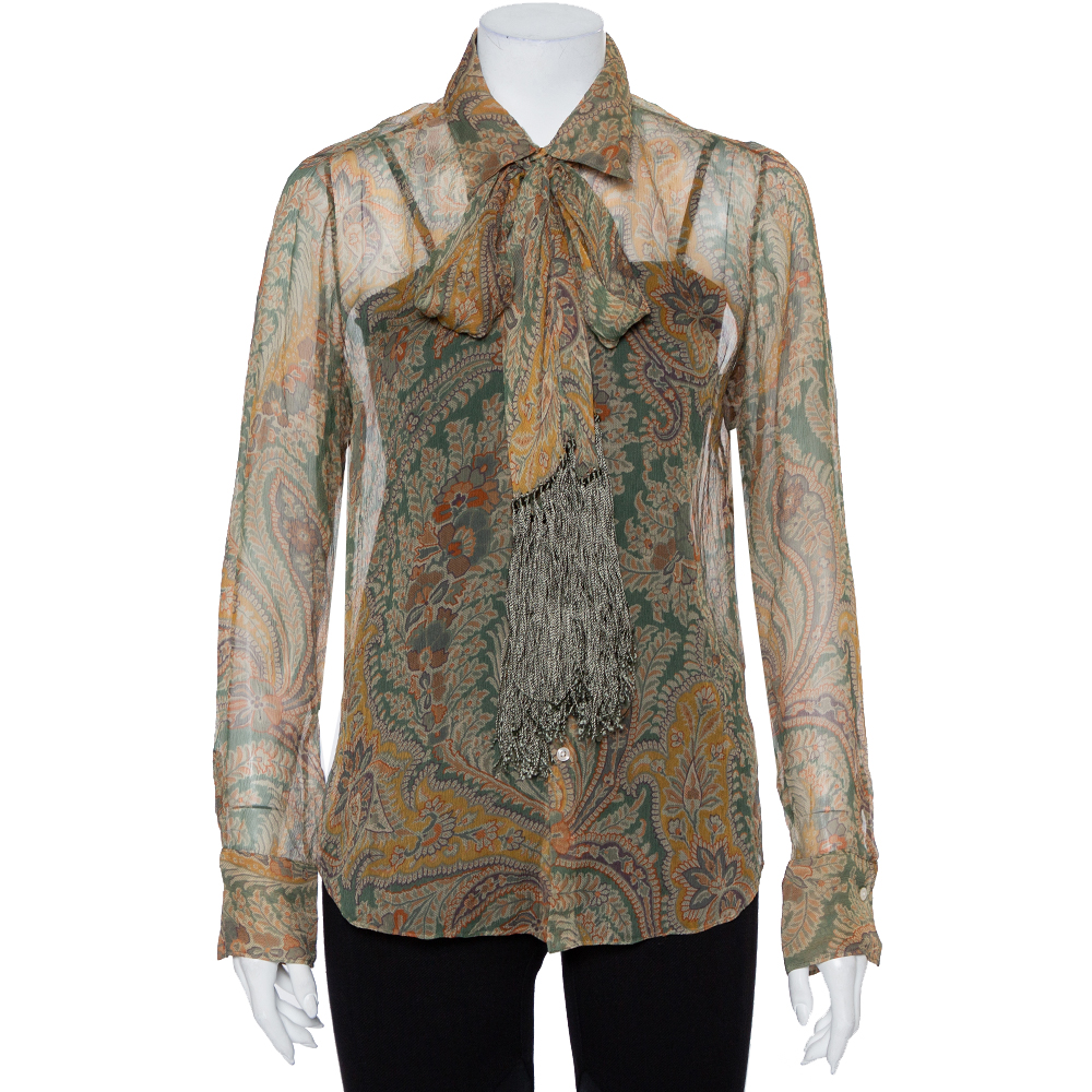 Pre-owned Ralph Lauren Multicolor Floral Printed Silk Neck Tie Detail Sheer Shirt L
