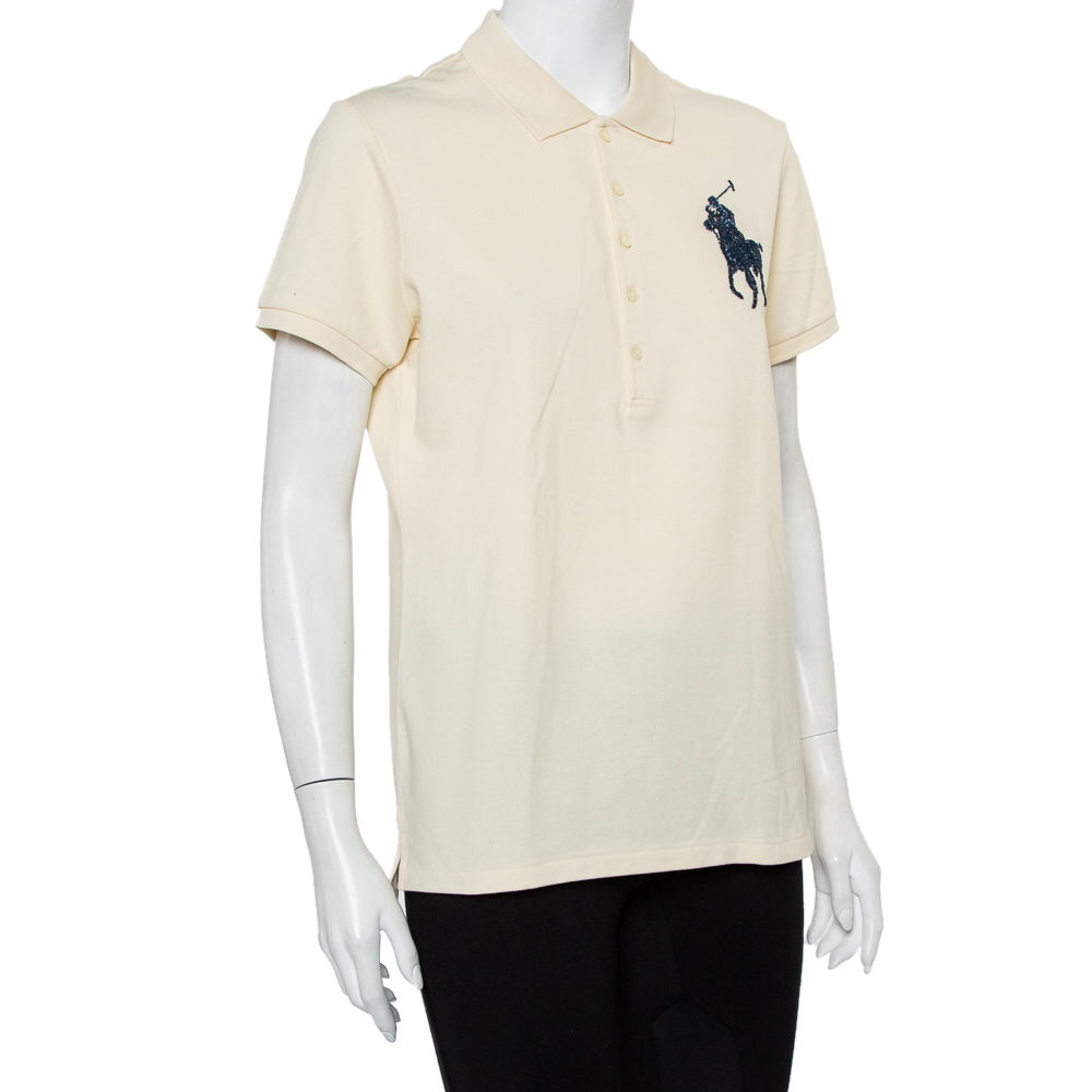 

Ralph Lauren Cream Cotton Pique Embellished Logo Detail Polo T-Shirt