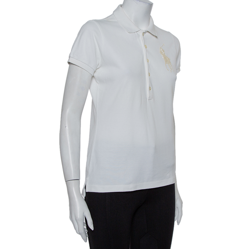 

Ralph Lauren White Cotton Beaded Logo Embellished Polo T- Shirt