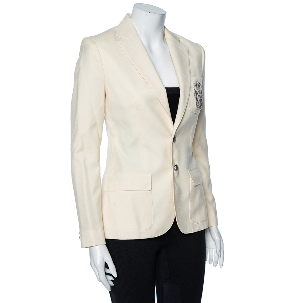 

Ralph Lauren Cream Wool Crest Embroidered Button Front Blazer