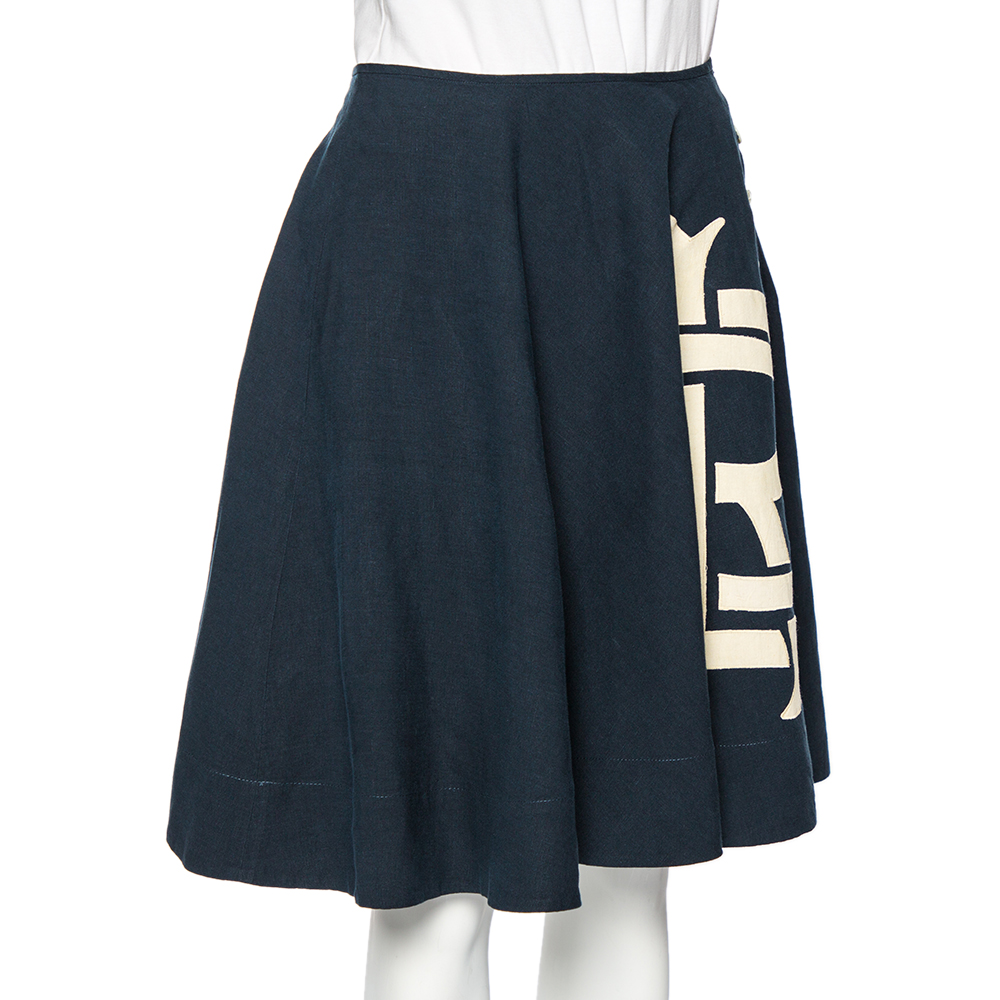 

Ralph Lauren Navy Blue Linen Logoed Side Button Flared Skirt