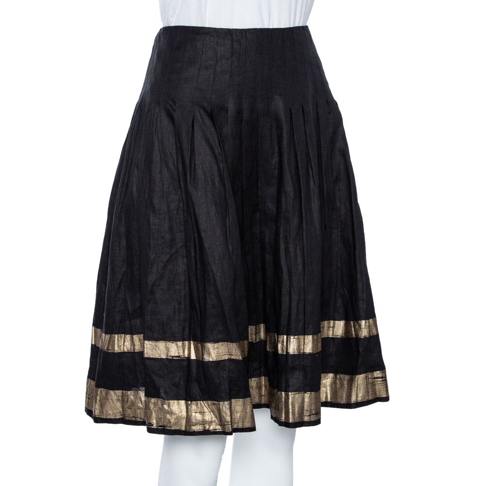 

Ralph Lauren Black & Gold Striped Linen Pleated Kristine Skirt