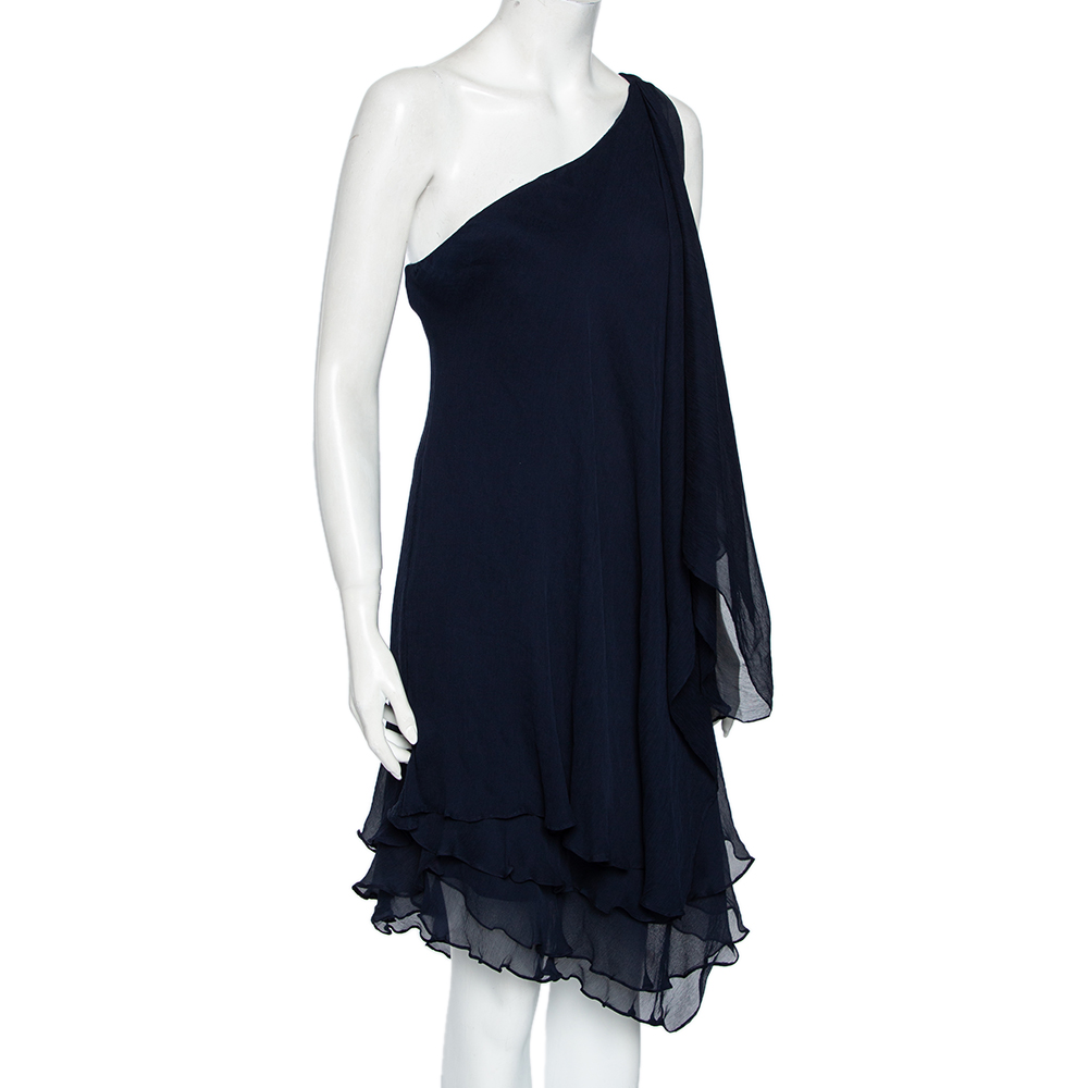 

Ralph Lauren Navy Blue Silk Chiffon Tiered One Shoulder Mini Dress