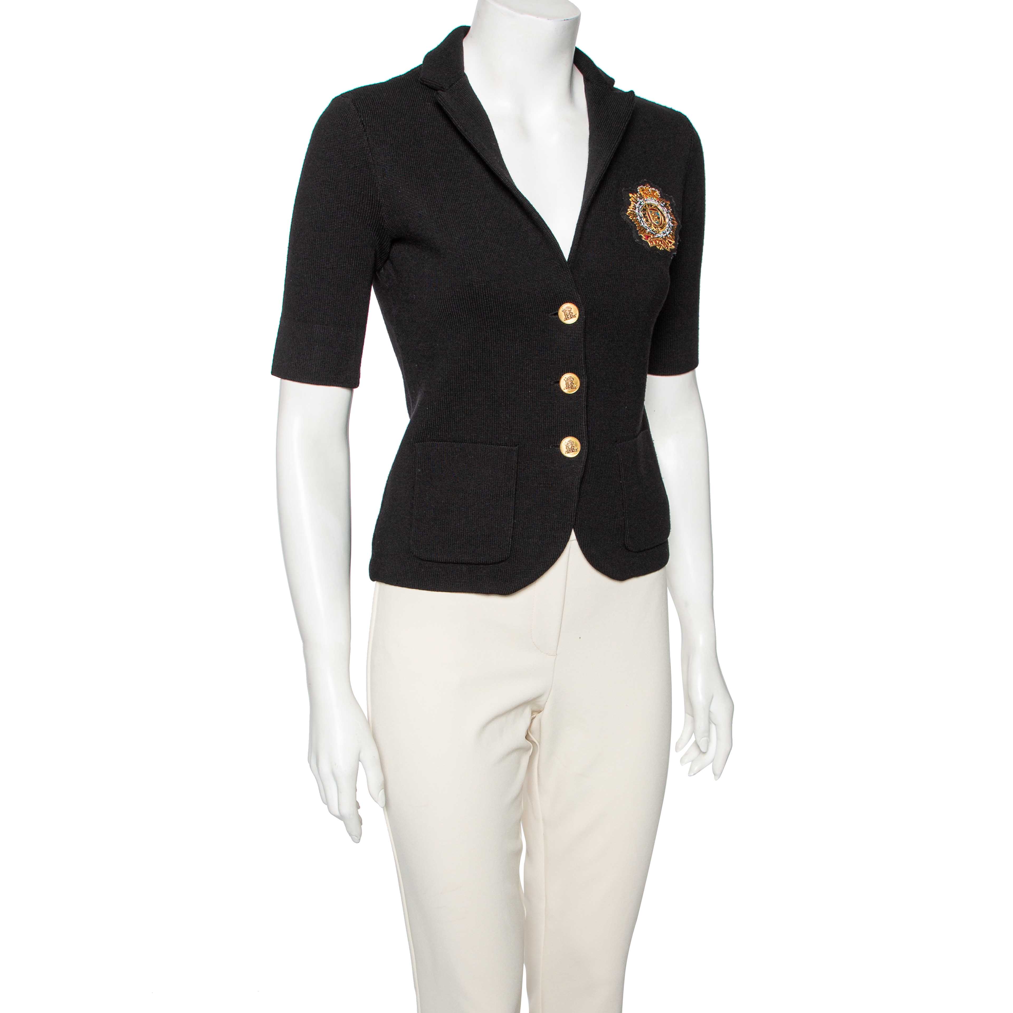 

Ralph Lauren Black Merino Wool Crest Embroidered Jacket