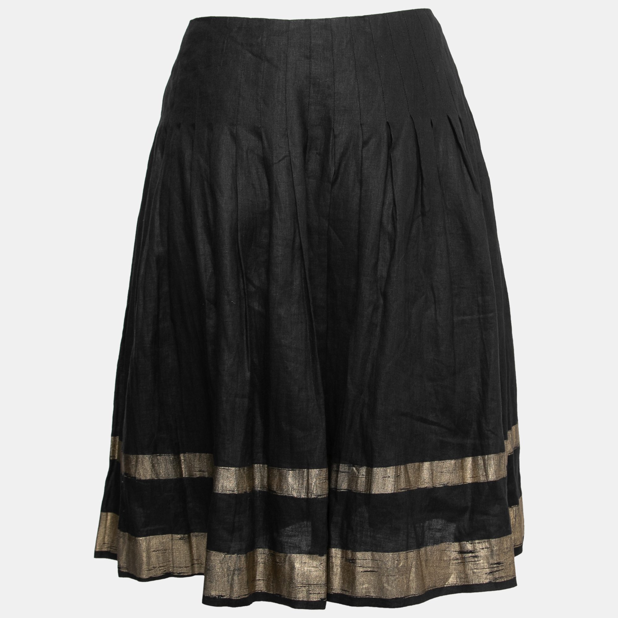 

Ralph Lauren Black Linen Gold Striped Pleated Skirt