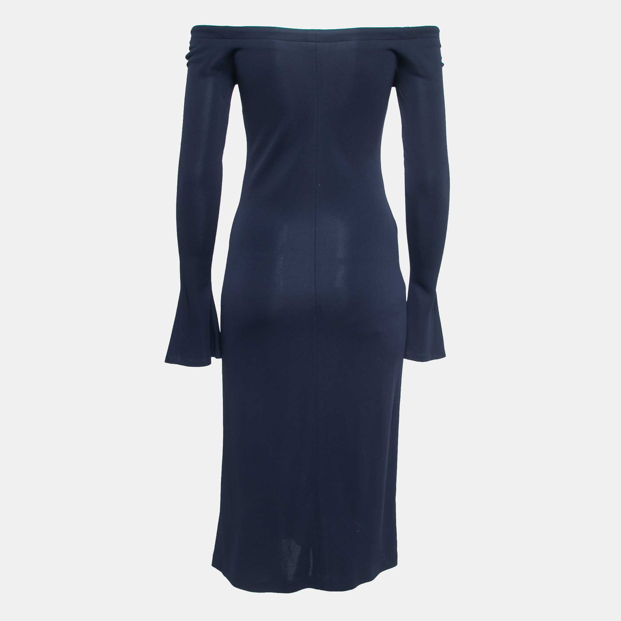 

Ralph Lauren Navy Blue Jersey Knit Off Shoulder Midi Dress