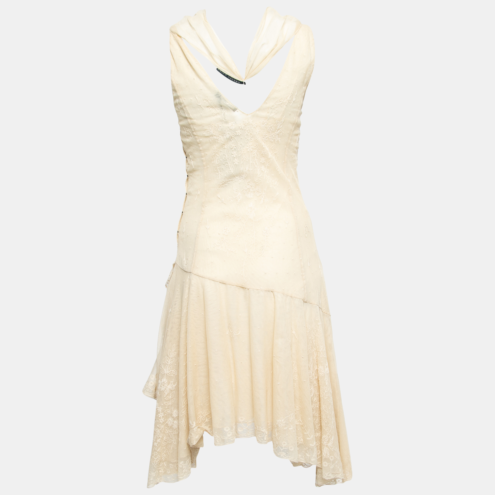 

Ralph Lauren Beige Lace Asymmetric Hem Neck Tie Detail Midi Dress