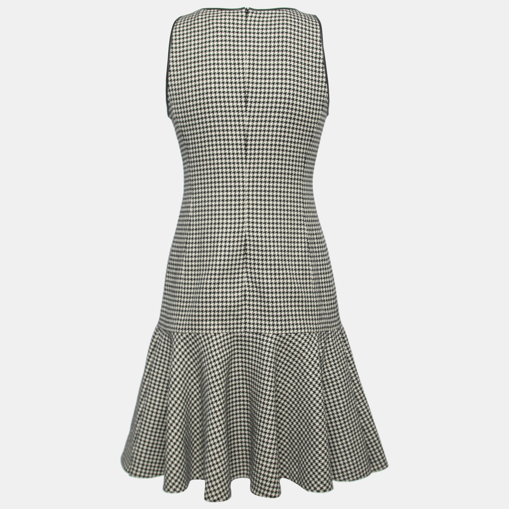 

Ralph Lauren Monochrome Houndstooth Pattern Wool Leather Trim Lexi Short Dress, Black