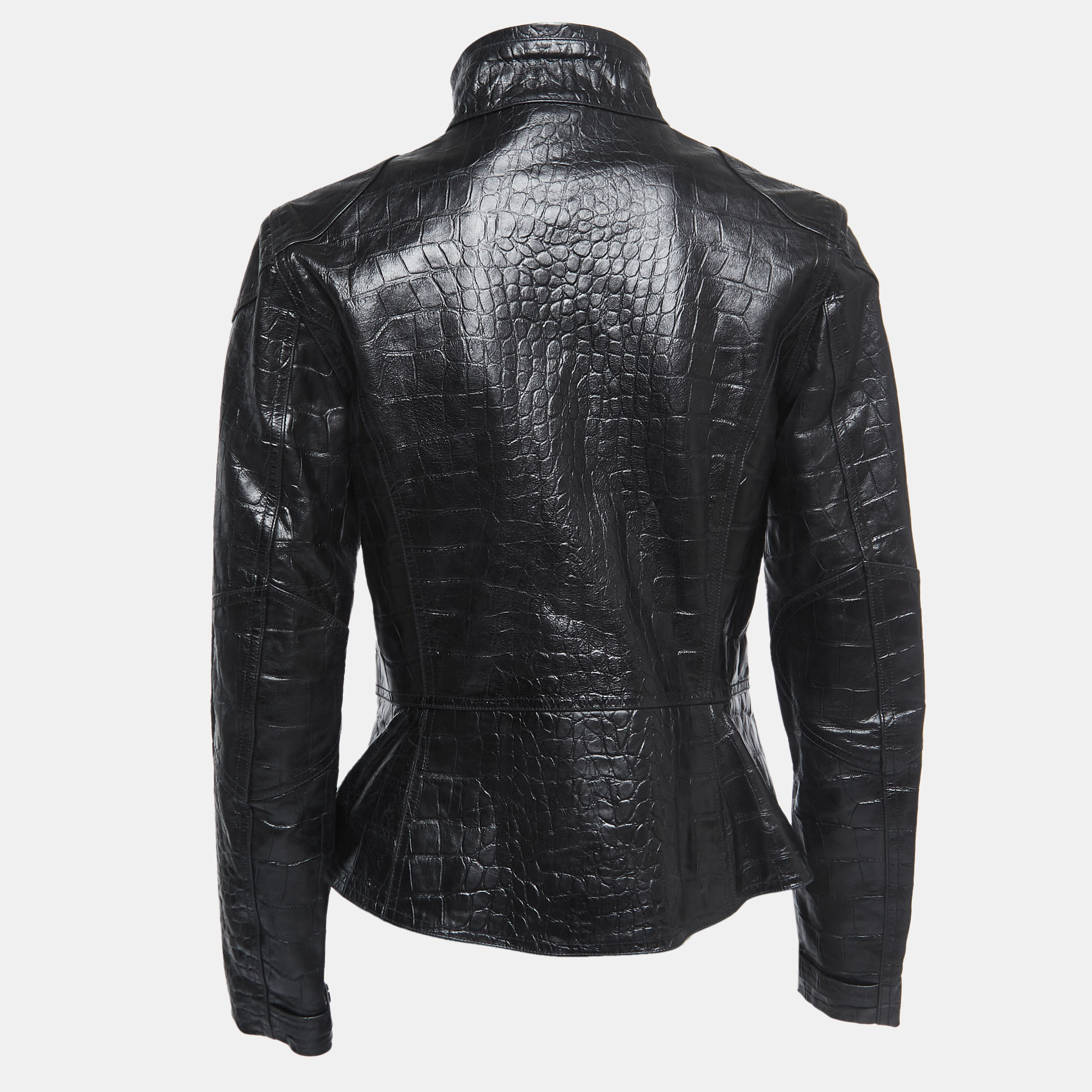 

Ralph Lauren Black Croc Embossed Leather Zip Front Jacket