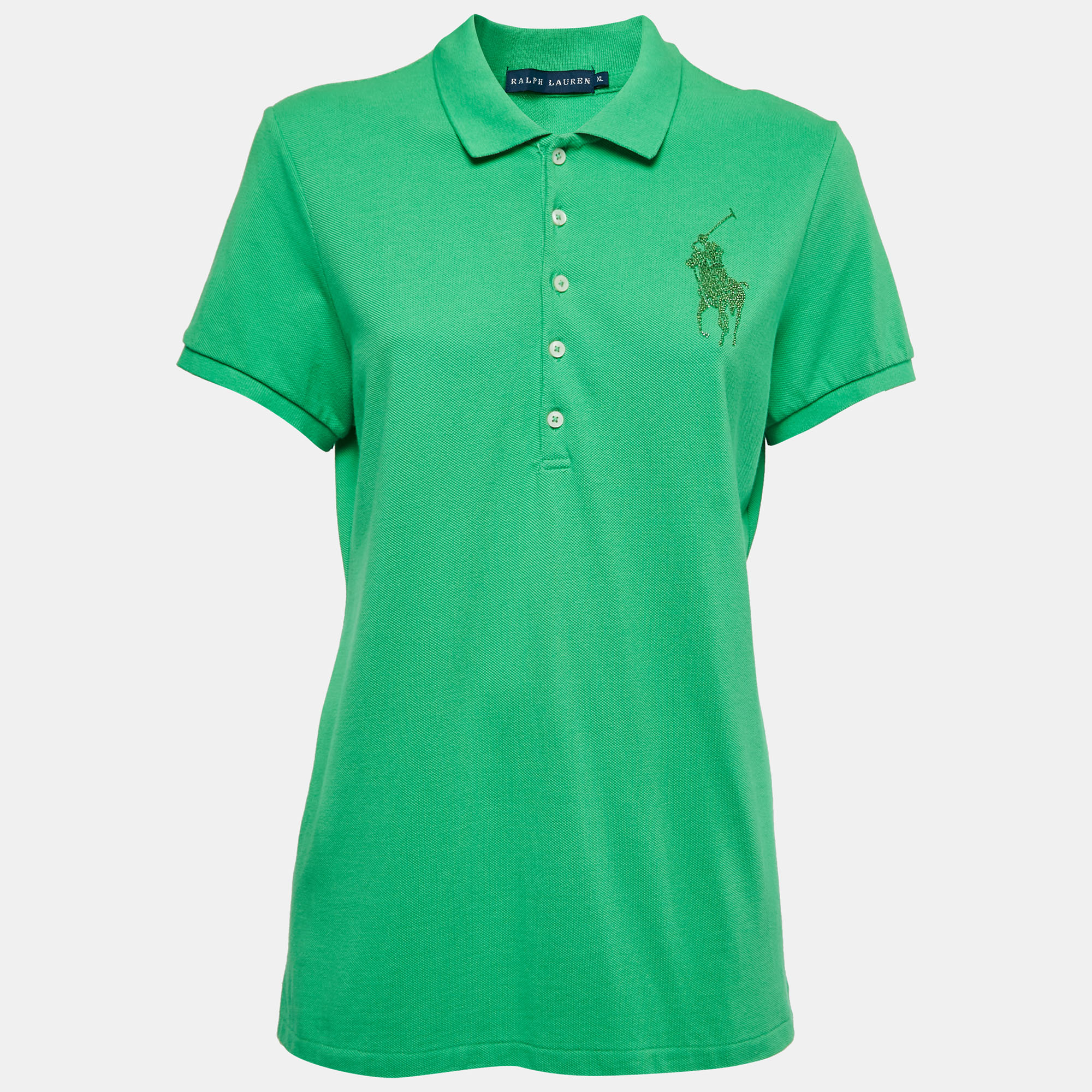 

Ralph Lauren Green Cotton Crystal Logo Embellished Polo T-Shirt