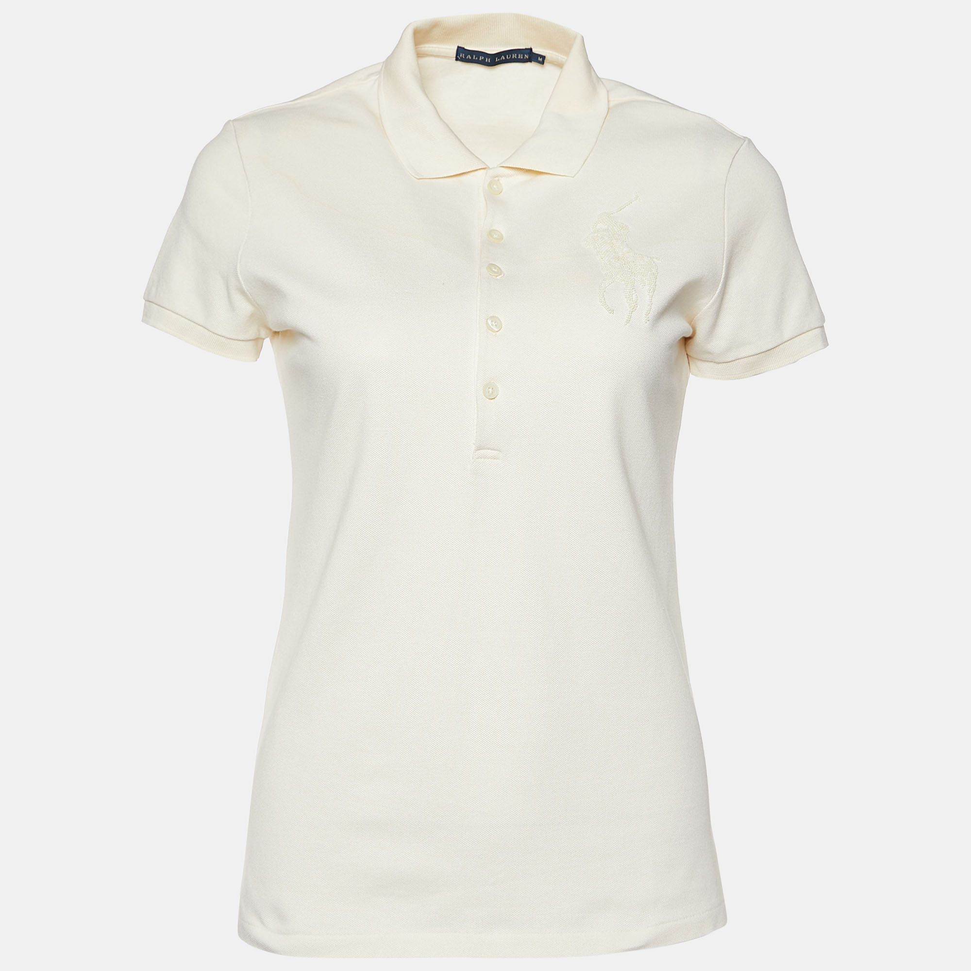 

Ralph Lauren Cream Cotton Pique Beaded Logo Detail Polo T-Shirt