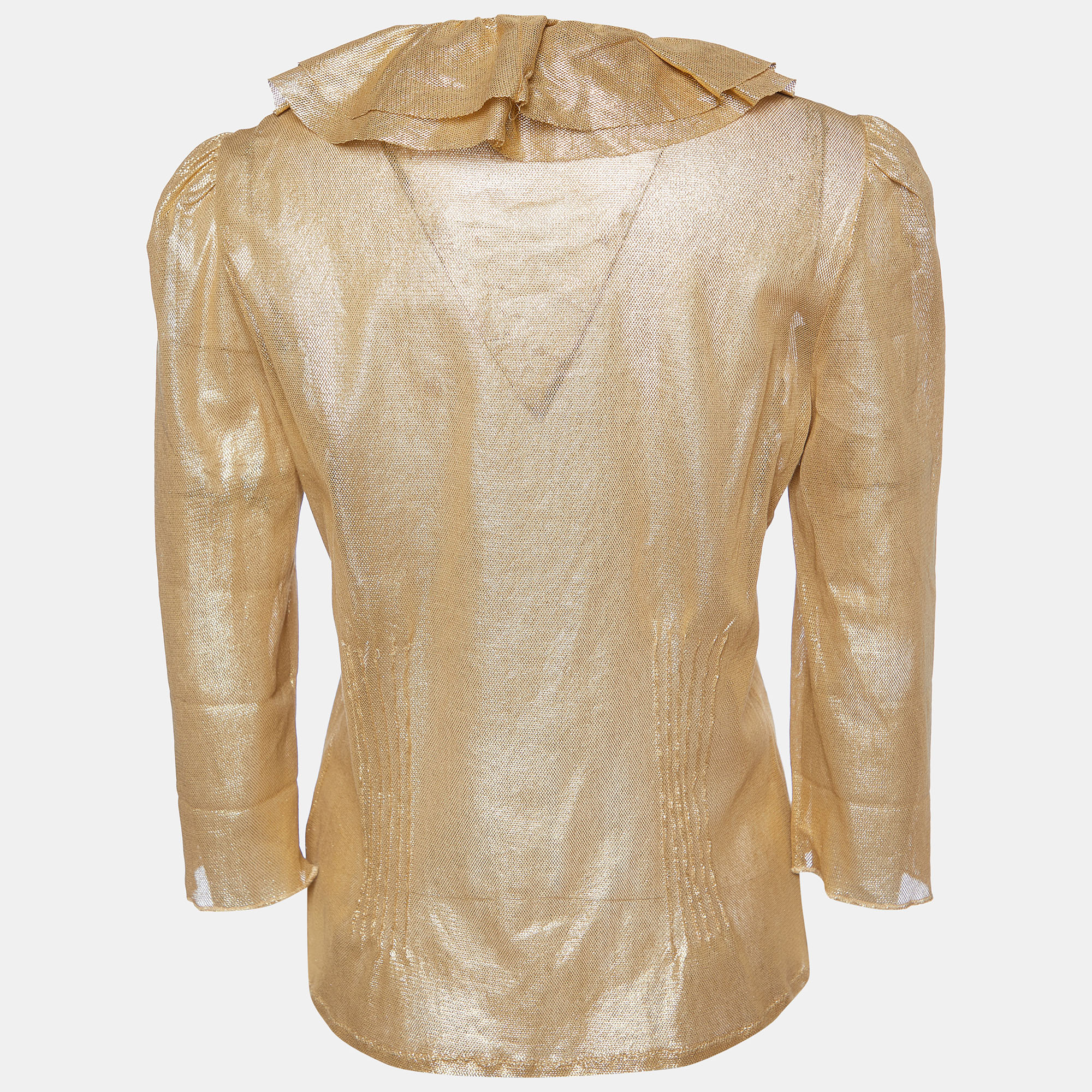 

Ralph Lauren Gold Coated Mesh Ruffled Button Front Sheer Shirt