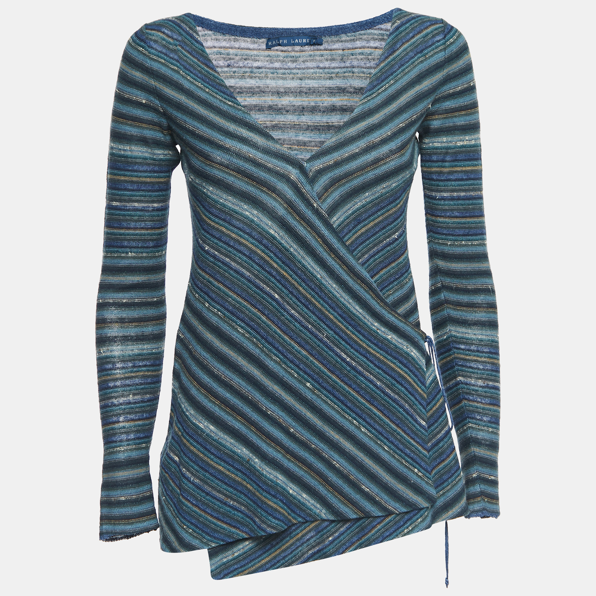 Pre-owned Ralph Lauren Blue Striped Linen Blend Knit Long Sleeve Wrap Top Xs
