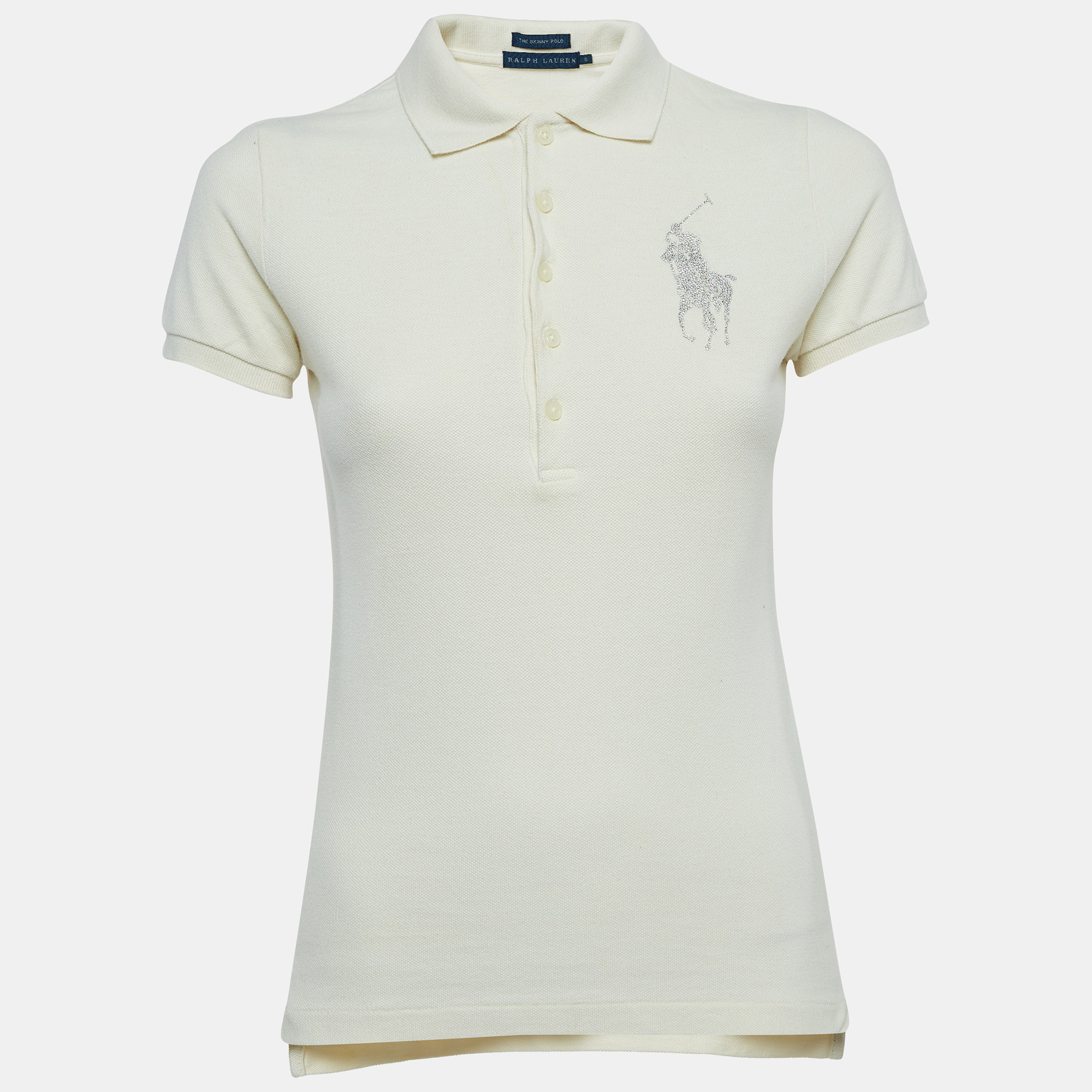 Pre-owned Ralph Lauren Cream Cotton Logo Patch Skinny Polo T-shirt S