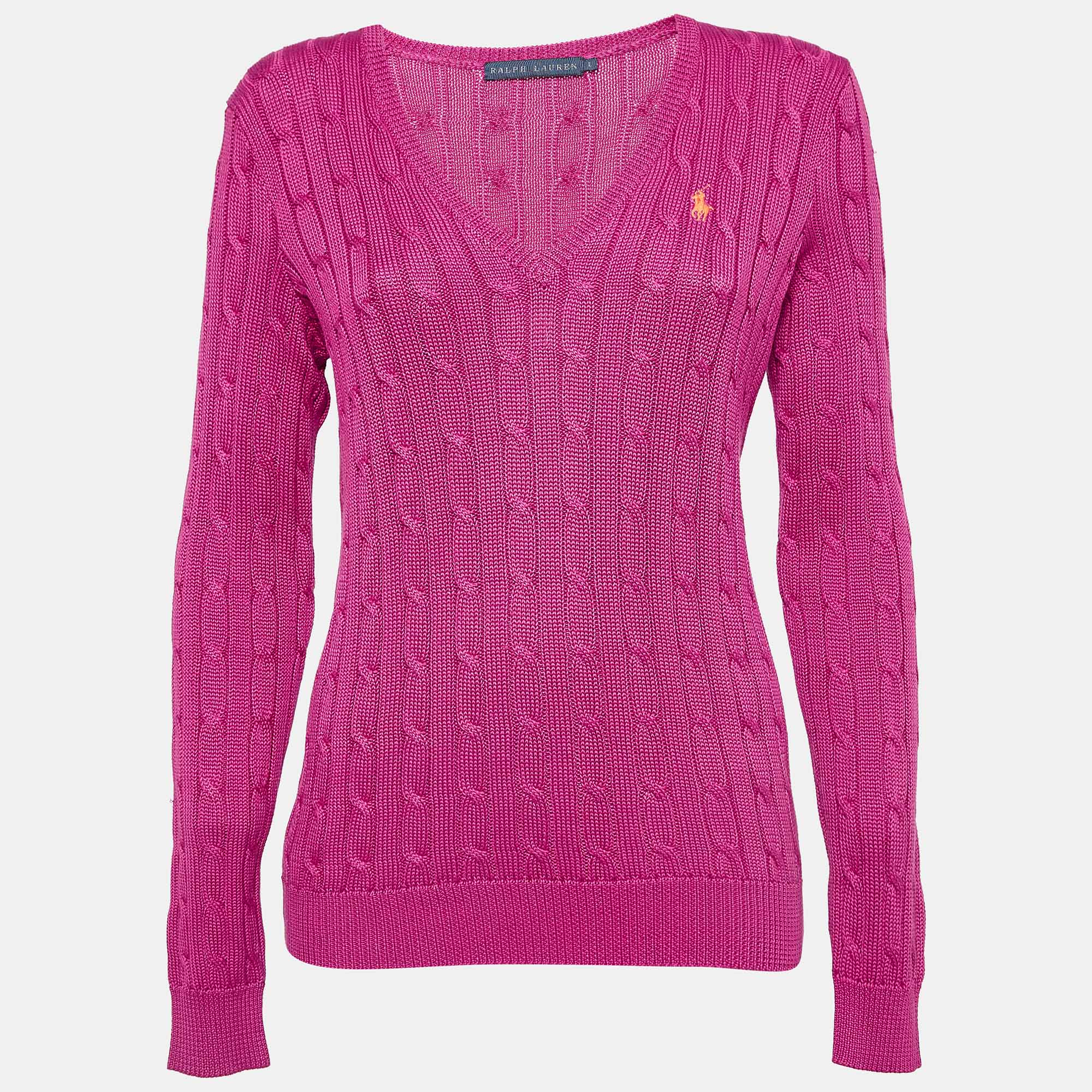 Ralph Lauren Pink Cotton Knit V-Neck Sweater L