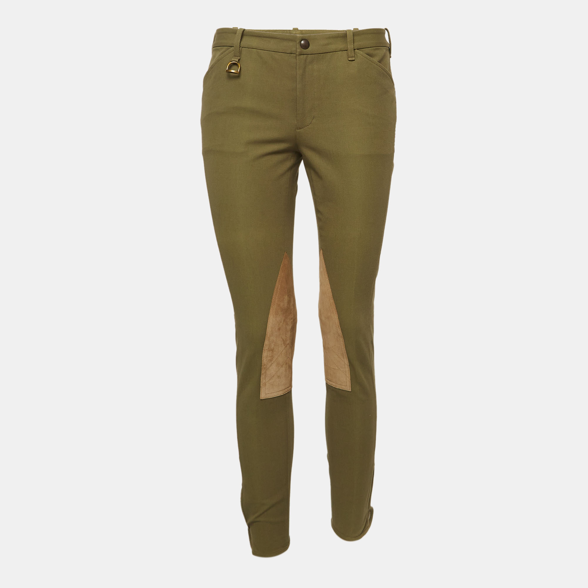 Pre-owned Ralph Lauren Green Suede Trim Cotton Twill Breeches Pants M