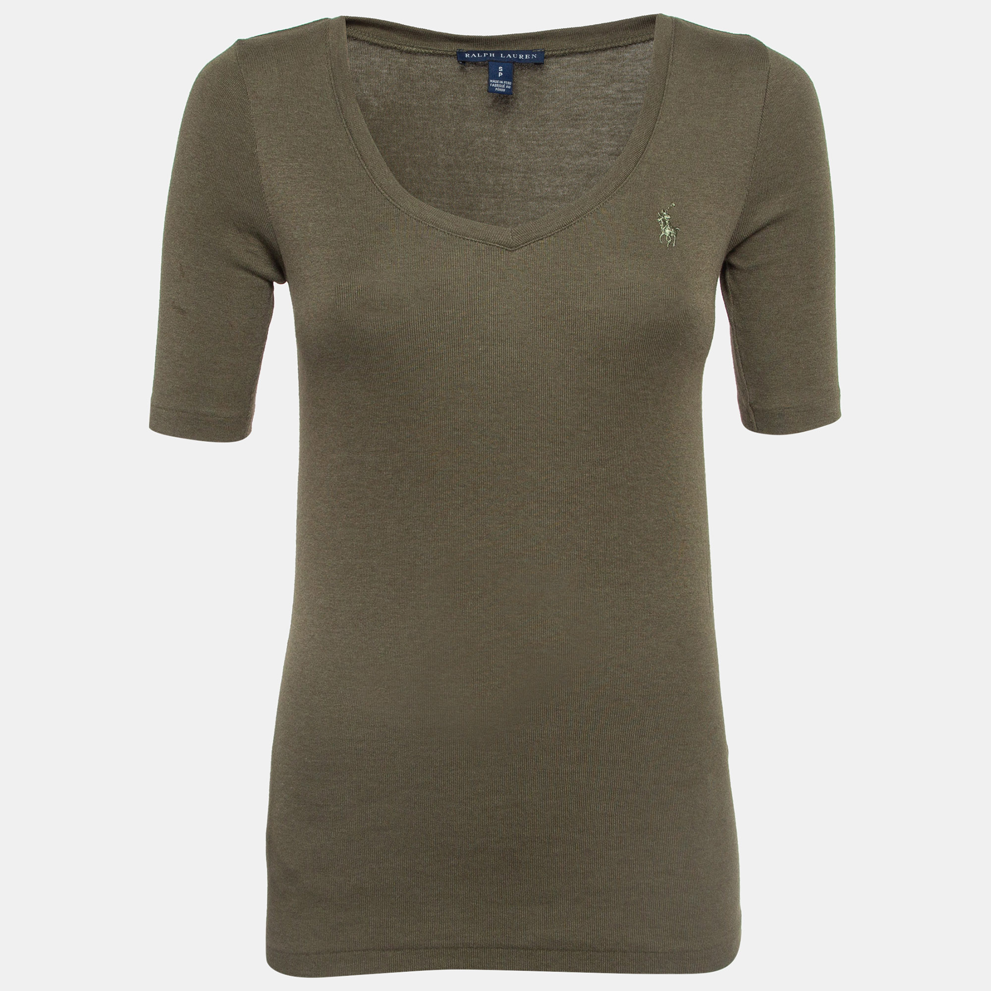 Pre-owned Ralph Lauren Olive Green Cotton Knit V-neck T-shirt S