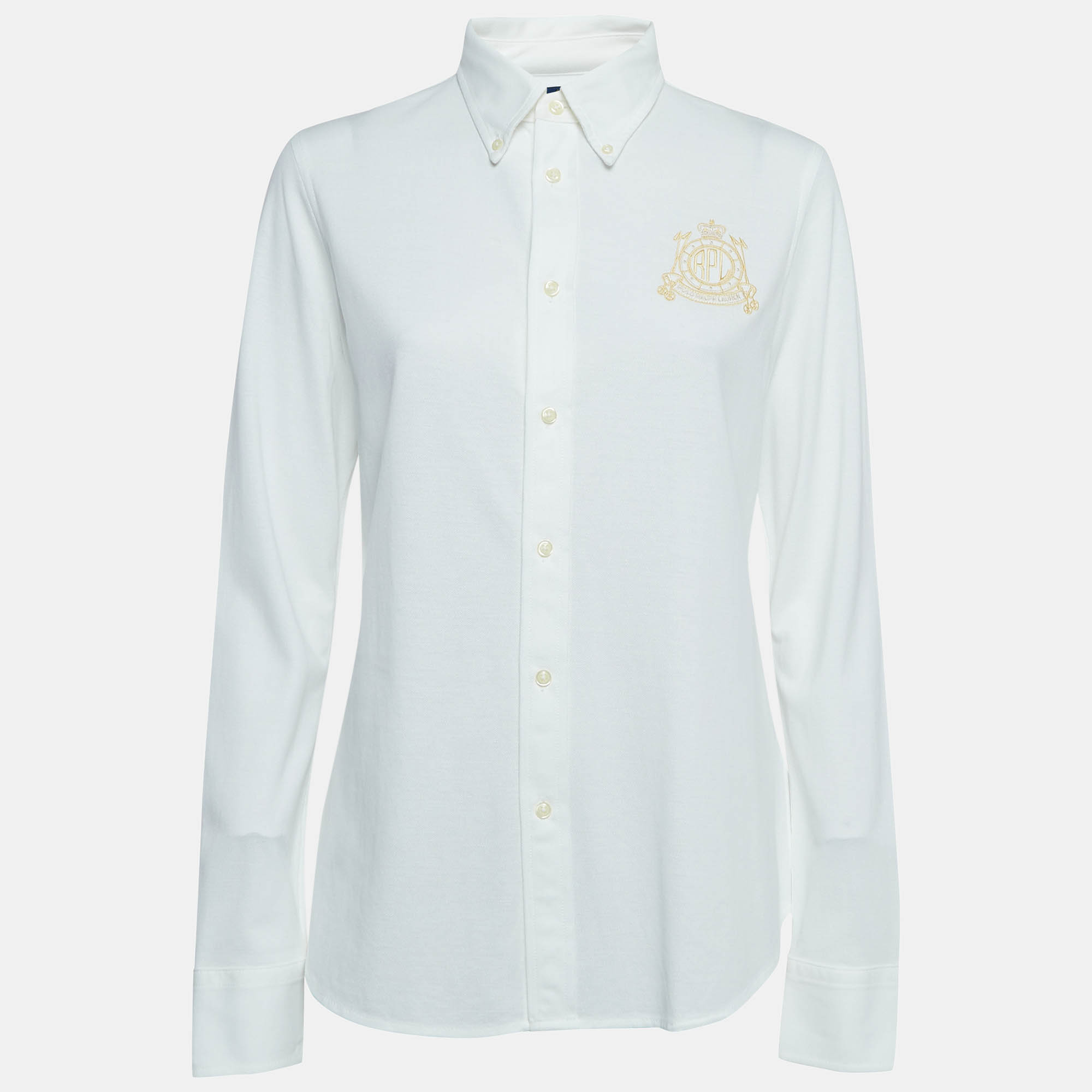 Pre-owned Ralph Lauren White Logo Embroidered Cotton Knit Shirt L
