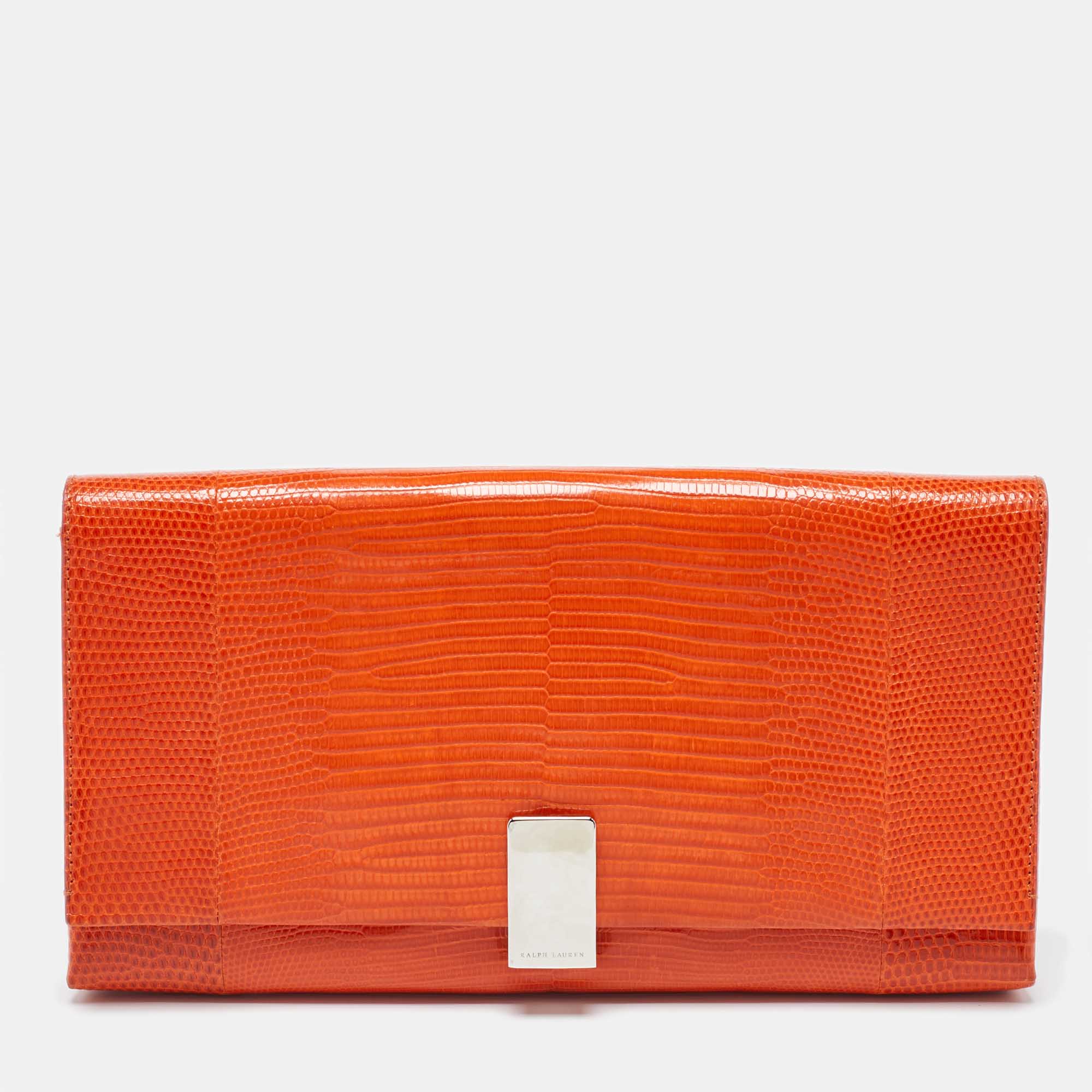 Pre-owned Ralph Lauren Orange Lizard Flap Clutch