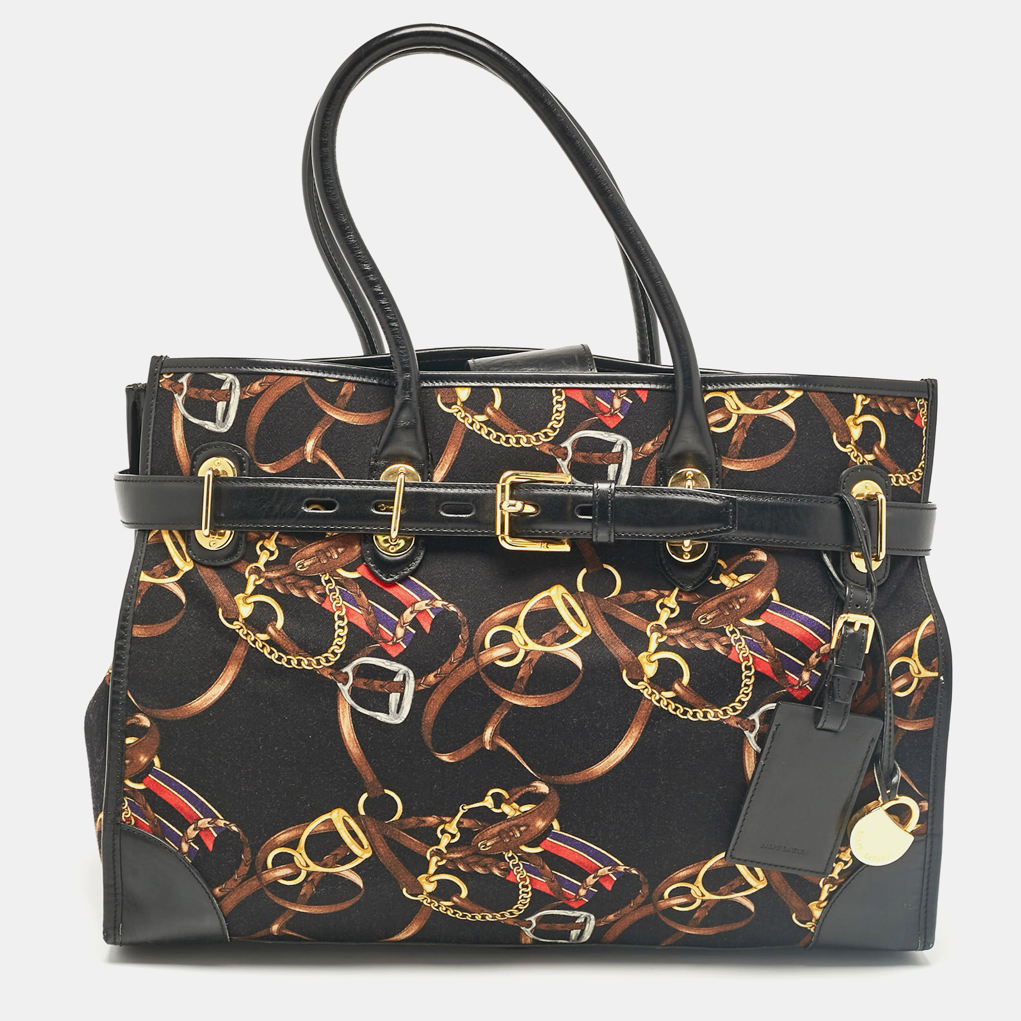 

Ralph Lauren Black/Multicolor Equestrian Print Canvas Belt Shopper Tote