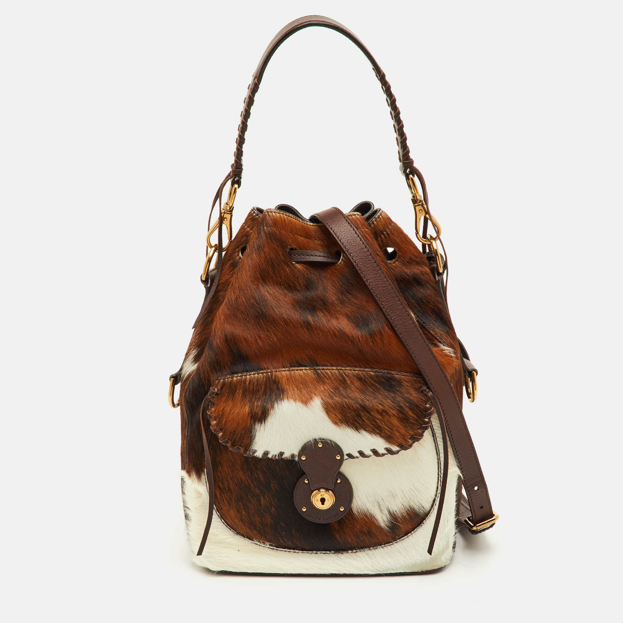 

Ralph Lauren Ricky Brown Animal Print Calf Hair and Leather Drawstring Bucket Bag